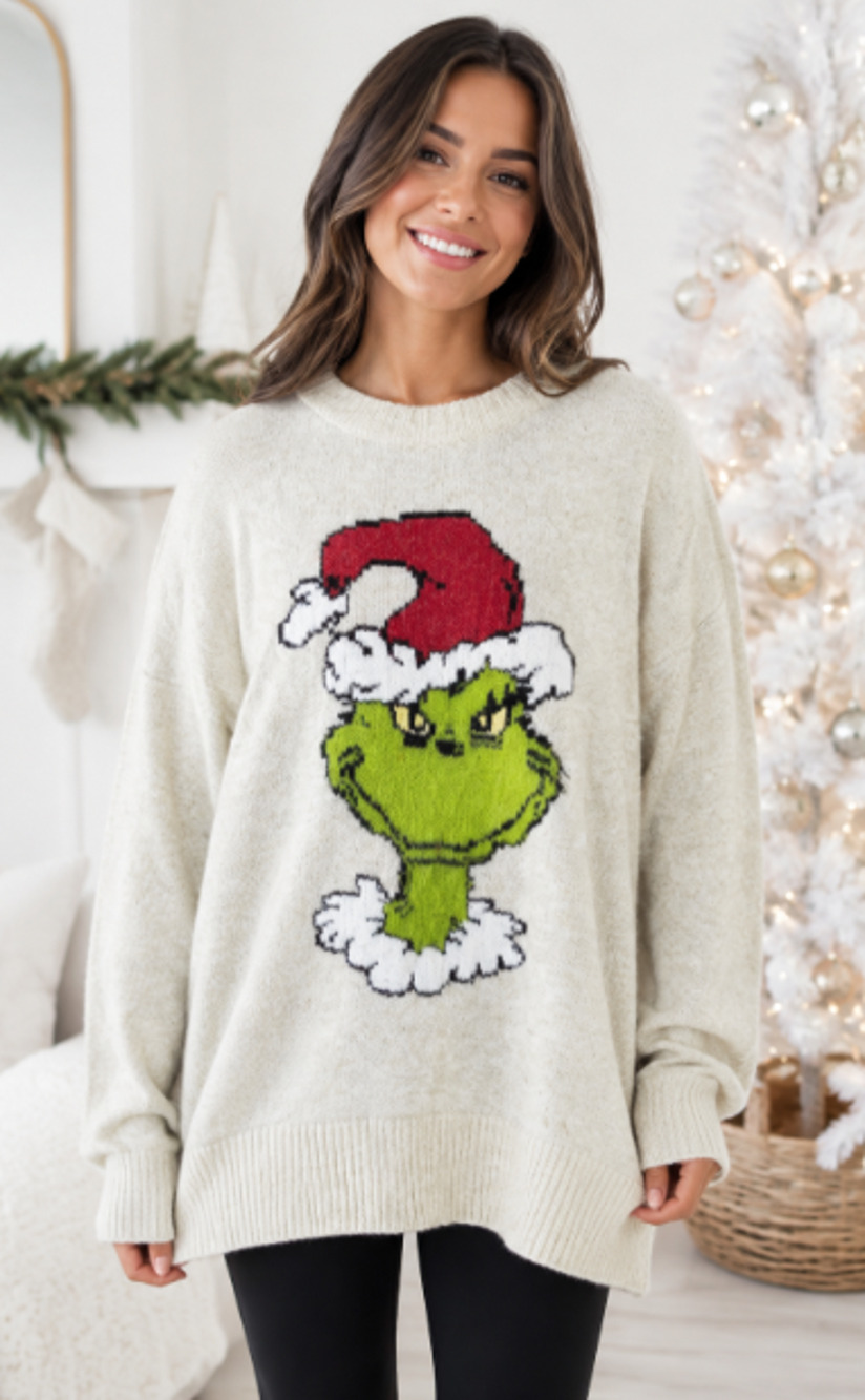 American Eagle The Grinch Sweater Women X Large Tan Christmas Soft Fuzzy Rib XL